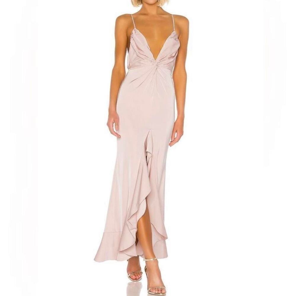 Lovers & Friends Revolve Satin Pink Blush Ruffle Twist Maxi Dress Gown MED NWOT